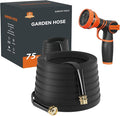 Giraffe Tools Garden Hose 75FT Lightweight Lay Flat Water Hose Kink Free Flexible Hose with 9 Spray Function Nozzle, Black