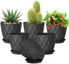 Meowell 5 inch Plant Pots for Indoor Outdoor Plants, 6 Pack Thick Nursery Pots with Drainage Holes and Saucers, 3D Modern Wave Texture Small Plastic Planter Flower Pots for Succulent, Herb, Black