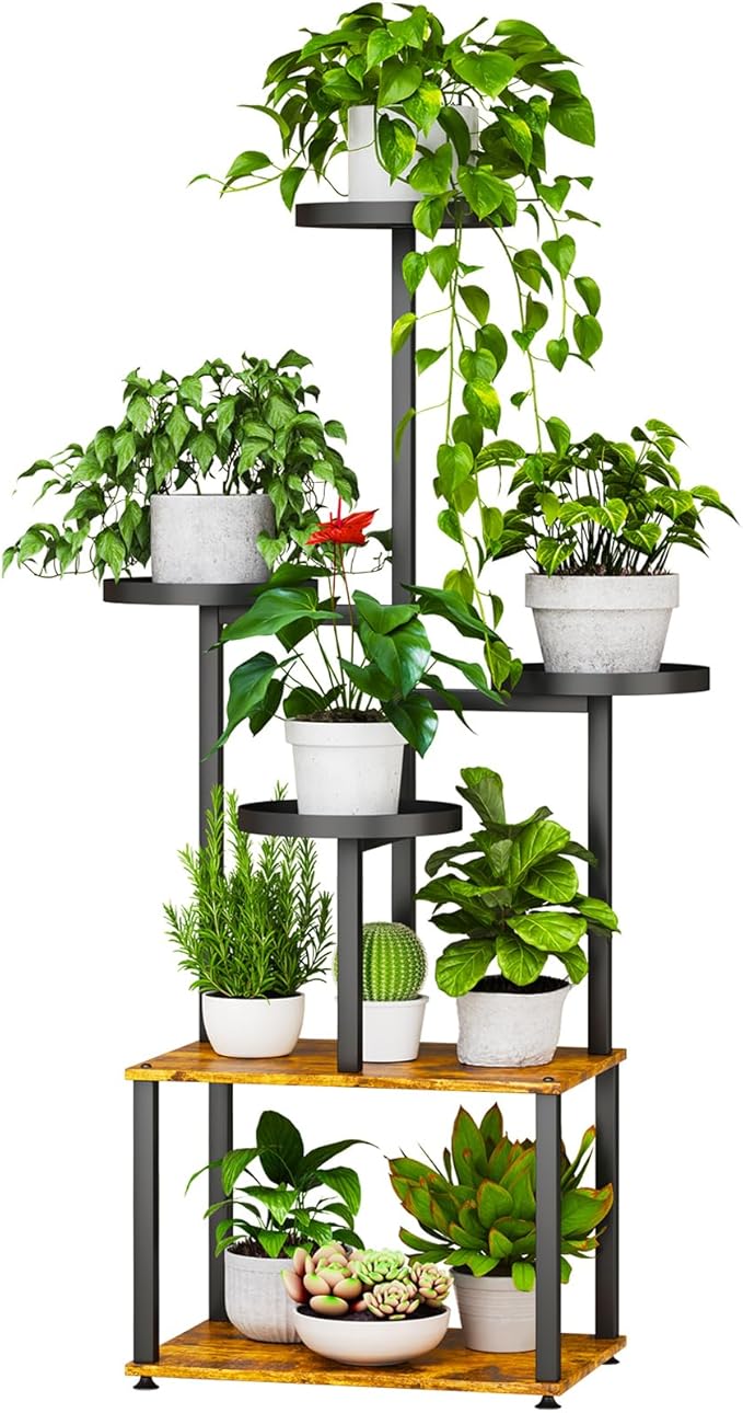 Plant Stand 6 Tier Indoor Metal Plant Shelf for Multiple Plants Corner Tall Flower Holders for Living Room Bedroom Patio Balcony, Black (6 Tier-Extra Large-Black+Rustic Brown)