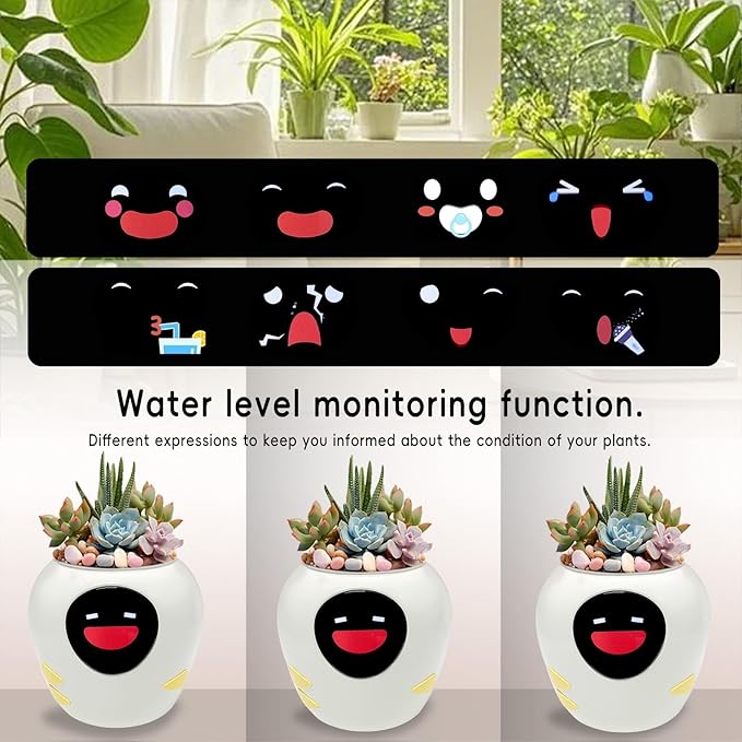 Smart Plant Pot with Expression, AI Intelligent Flower Pot for Indoor Decoration, Smart Garden Pot with Water/Light/Temperature Sensors, Ivy AI Planter (White（Big）)