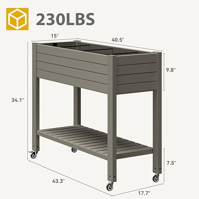 DWVO Raised Garden Bed Kit, 3.6 x 1.5 x 2.8 FT Outdoor Plastic Planter Box with Wheels and Legs, Garden Box with Drain Plug & Storage Shelf for Planting Vegetables, Flowers, and Herbs, Light Brown