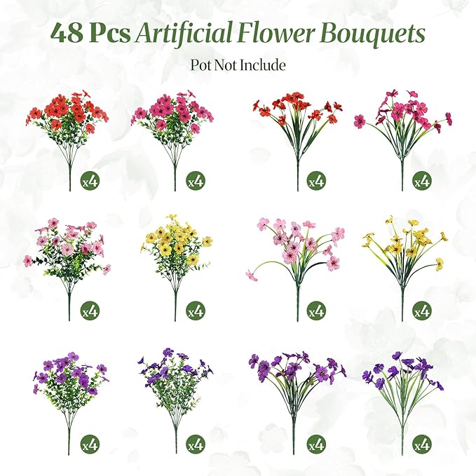 Alupssuc 48 Bundles Artificial Flowers for Outdoors Decoration, UV Resistant Silk Faux Floral Spring Fake Plastic Plants Greenery for Outside Indoor Porch Window Planter Home Decor(Upgrade 6 Colors)
