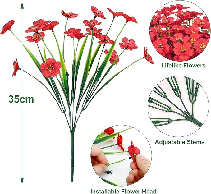 Ouddy Decor 24 Bundles Artificial Flowers for Decorations Fake Silk Plants for Outdoors UV Resistant Faux Plastic Greenery Stems for Garden Porch Window Box Home Spring Decor, Red