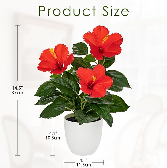 Briful Artificial Hibiscus Flowers in Pot, 14.5’’ Faux Hibiscus Plant, Spring Summer Flowers for Home Decor, Farmhouse Table Decor & Coffee Table Decor, Indoor Potted Fake Flower, Red