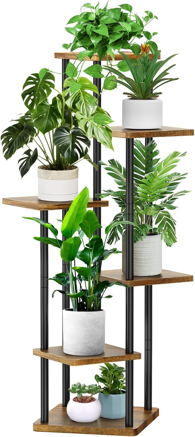 6 Tier Plant Stand Indoor, Thickened Metal Wood Corner Plant Shelf Stands for Multiple Plants, Indoor Tall Plants Stand Tiered Flower Holder for Living Room Patio Garden Balcony(Black+Brown)