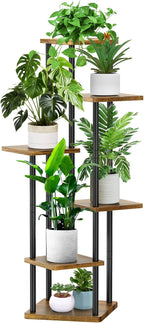 6 Tier Plant Stand Indoor, Thickened Metal Wood Corner Plant Shelf Stands for Multiple Plants, Indoor Tall Plants Stand Tiered Flower Holder for Living Room Patio Garden Balcony(Black+Brown)
