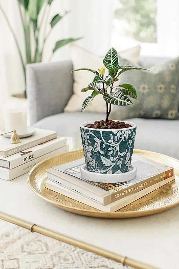 Set of 2 Ceramic Blue and White Plant Pots with Drainage Hole and Saucers, Vintage Farmhouse Accent Planters for Indoor Plants, Round Flower Pots Rustic Succulent Pot Terracotta Tubs 5.7/4.7 Inch