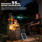 29" Tall Solar Water Fountain Outdoor Garden, 4-Tier Rustic Barrel Pump Solar Powered Water Fountain Cascading Waterfall with LED Lights for Patio, Backyard, Porch