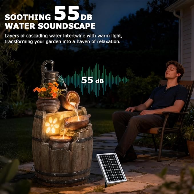 29" Tall Solar Water Fountain Outdoor Garden, 4-Tier Rustic Barrel Pump Solar Powered Water Fountain Cascading Waterfall with LED Lights for Patio, Backyard, Porch