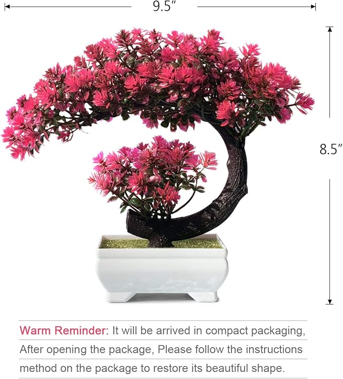 Fake Plants Small Artificial Bonsai Tree for Home Decor Living Room Bathroom Bookshelf Entryway Table Wall Shelf Modern Farmhouse Decor, 8.5" Tall, Magenta