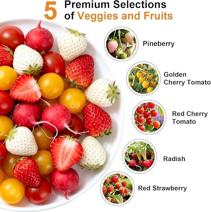 Strawberry and Pineberry Seed Pod Kit for AeroGarden, Ahopegarden with Red Strawberry, Radish, Pineberry, Red Heirloom/Golden Harvest Cherry Tomato - Hydroponics Supplies for Most Brand (7-pod)
