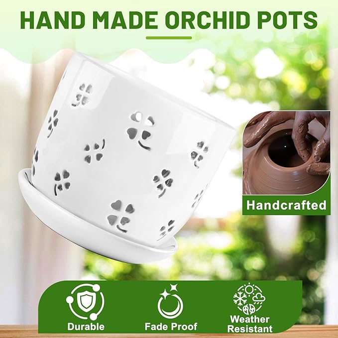 REMIAWY Orchid Pot, 6 Inch and 5 Inch Large Ceramic Orchid Planter with Drainage Holes and Saucer, Decorative Flower Pots for Indoor Outdoor Plant Repotting, Succulent, Good Air Circulation, 2 Packs