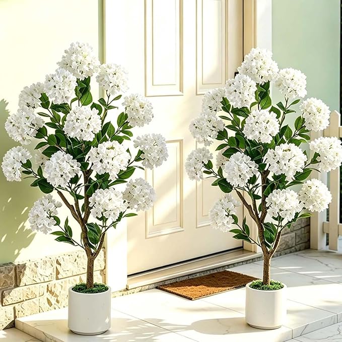 Artificial Flower Tree for Porch: 3.6ft Fake Crape Myrtle Trees Set of 2 for Outdoor Front Door Indoor Decor - White Realistic Silk Plant with Pot for Home Living Room Patio Decorations