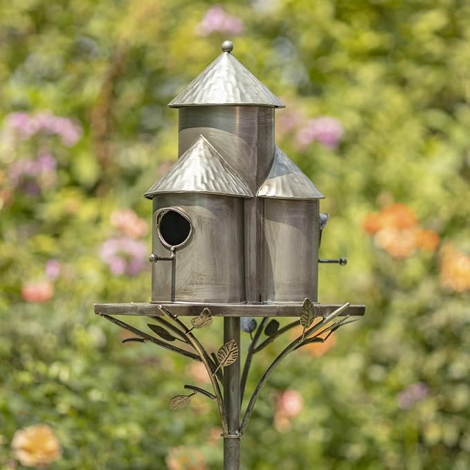 Zaer Ltd. Large Silver Colored Multi-Birdhouse Stakes, Room for 4 Bird Families in Each (Plump Triple Cylinder Homes (Silver Color))