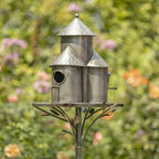 Zaer Ltd. Large Silver Colored Multi-Birdhouse Stakes, Room for 4 Bird Families in Each (Plump Triple Cylinder Homes (Silver Color))