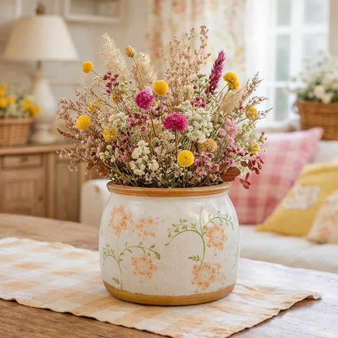 Vintage Ceramic Flower Pots - Indoor Outdoor Planters with Drainage Holes & Filter Screen, 6.5’’& 9’’ Rustic Farmhouse Decorative Plant Pots for Garden/Patio