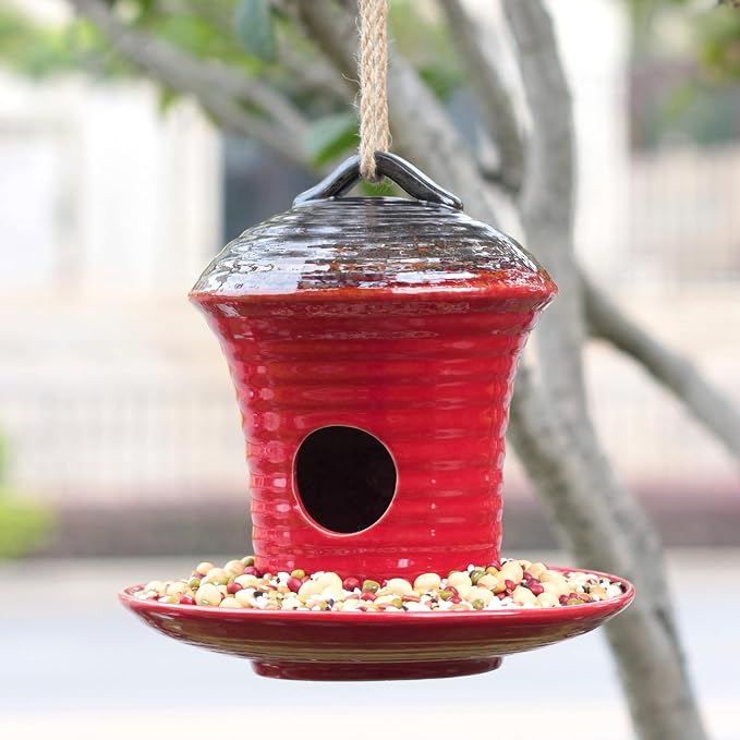 Kimdio Birdhouse Ceramic Hanging Birdhouses Bird Hut Hanging Multi-Function Outdoor Bird Feeders for Wild Birds, Finch, Cardinal, and Bluebird - Red