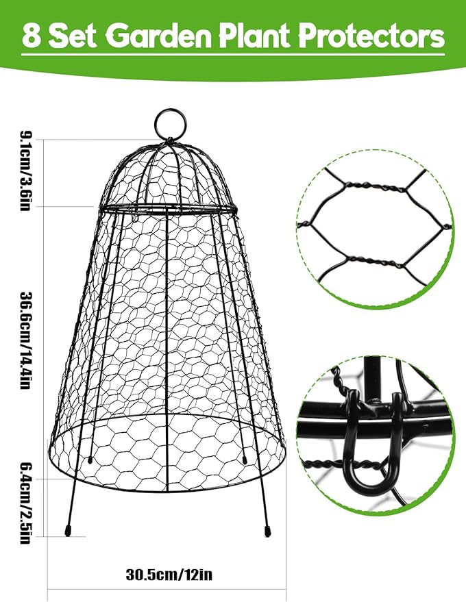 Kalolary 8 Packs Plant Protectors from Animals, 20.5'' x 12 Large Wire Plants Cage Metal Garden Protection Chicken Wire Cloche with Stakes for Keeping Bunny Squirrels & Pets Out(Bell)