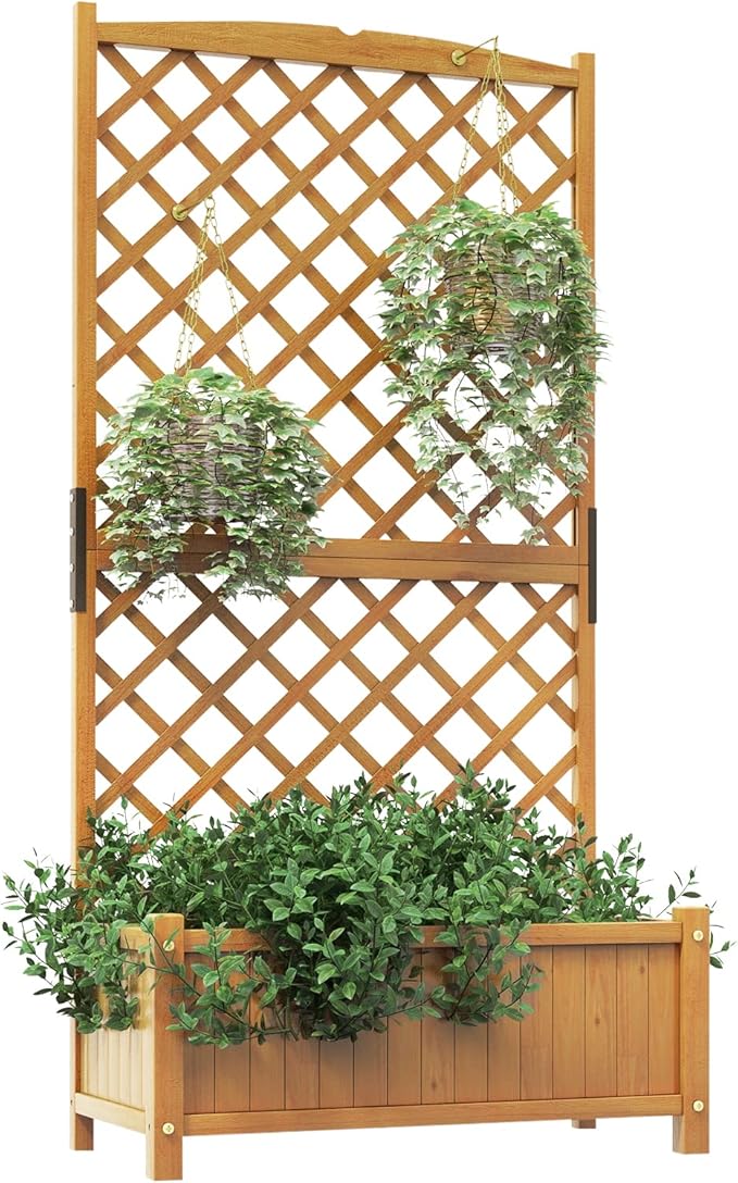 HAPPYGRILL Raised Garden Bed with Trellis, 71" Planter Raised Bed with Drainage Holes, Freestanding Garden Planter for Vine Climbing Plants, Wooden Planter Box for Yard Balcony(1, Yellow)