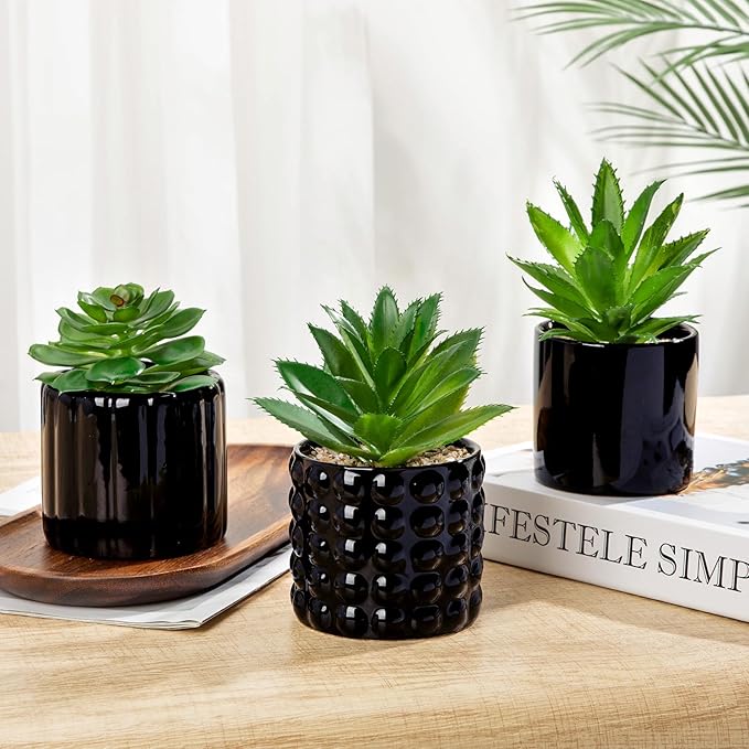 Briful Succulents Plants Artificial in Black Ceramic Pots (Set of 3), Small Fake Plants for Home Office Desk Decor – Modern Mini Potted Succulents for Bathroom, Bedroom, Living Room Table, Shelf