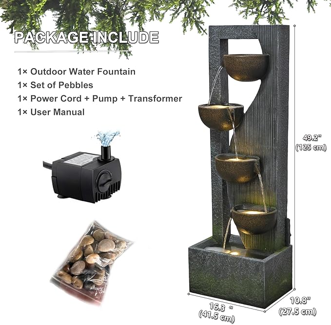 Sunlinua Garden Water Fountains Outdoor 5 Tiered Cascading Bowl Modern Waterfall Fountain with LED Lights, Natural Stones for Garden, Living Room, Patio, Yard Art Decor, 16.3" L * 10.8" W * 49.2" H