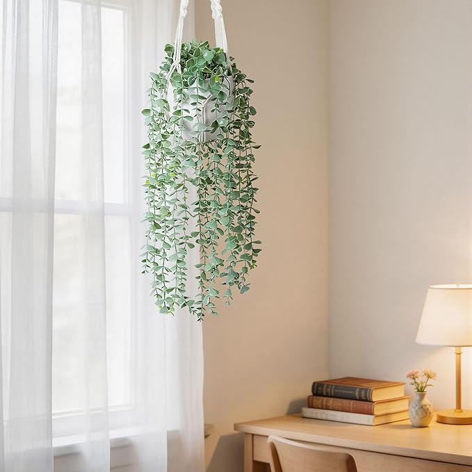 DREAMLOOM Fake Hanging Plants with Pot, Artificial Eucalyptus Hanging Plants with Macrame Hanger for Indoor Decor, Fake Hanging Vines Faux Greenery for Home Kitchen Office