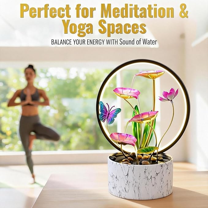 15‘’ H Small Tabletop Water Zen Fountain with Led Light for Indoor Meditation Yoga Spa Room Decor.