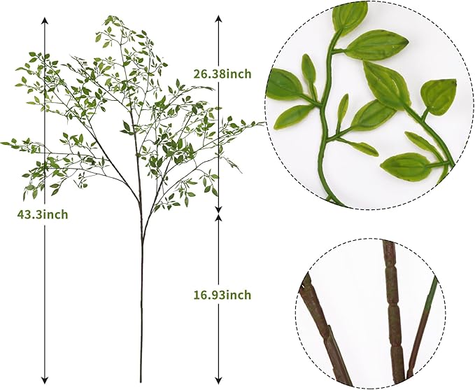 CEWOR Artificial Plants 2PCS 43.3 Inch Green Nandina Tall Plants for Wedding Shop Garden Office Home Décor Greenery Stems Fake Branches for Vase Indoor
