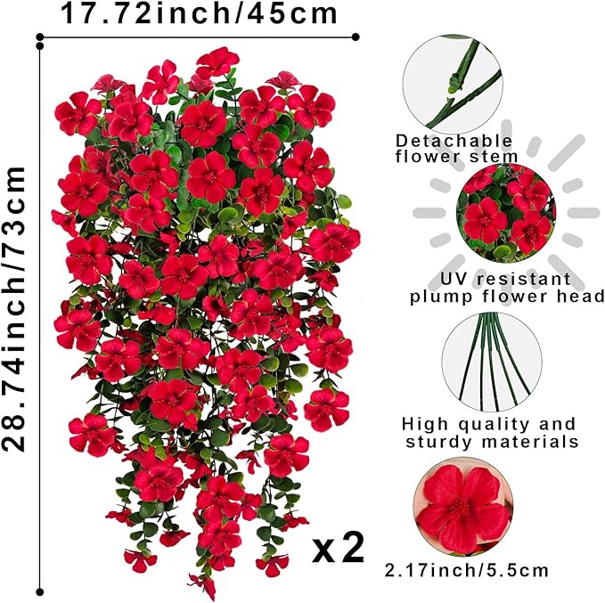 Artificial Geranium Hanging Flowers for Outdoor Decoration, 2 Bundles UV Resistant Silk Geranium Fake Plants Faux Flowers for Front Porch Garden Patio Window Box Outside Indoor Decor (Red)