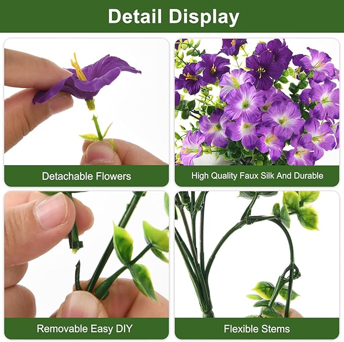 Artificial Flowers for Outdoors Fake Plants Spring Summer Decoration, 12 Bundles Faux Petunias UV Resistant Realistic Silk Flower for Outside Planters Patio Porch Yard Window Box (Double Purple)
