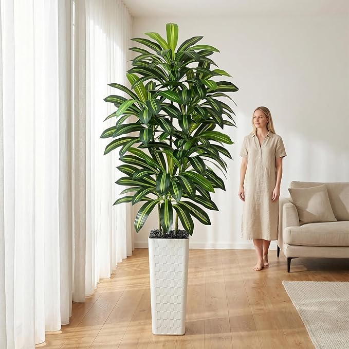 Artificial Dracaena Tree：7FT Faux Silk Tropical Yucca Floor Trees Realistic Fake Green Plant with Natural Wood Trunk & Lifelike Leaves for Home Office Decor Indoor & Outdoor (7FT,1-Pack,White)