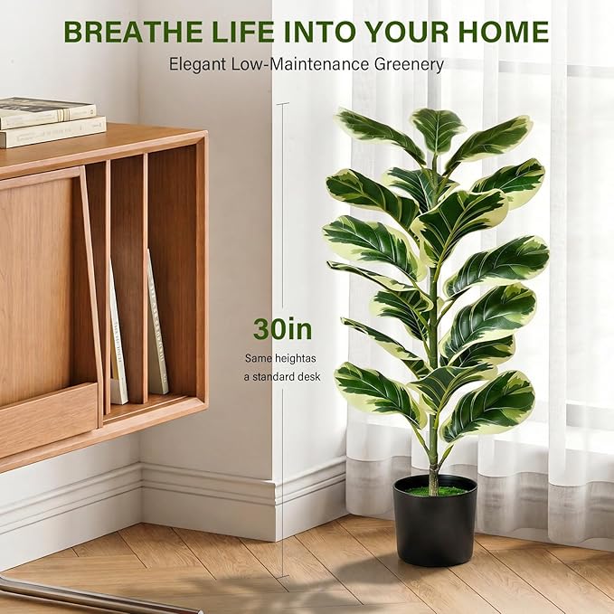 2 Pack Fiddle Leaf Fig Tree, 30'' Fake Tree in Pots with Green Artificial Turf, Floor Fake Plants Indoor for Spring Home Porch Bathroom Living Room Office Patio Windowsill Decor (Variegated)