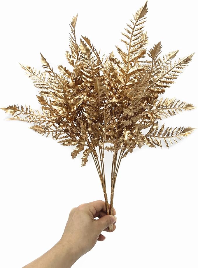 PASYOU Golden Fake Plants, Artificial Flowers Decoration for Christmas Plastic Boston Grass Faux DIY Crafts Indoor Outdoor Home Garden Party Room Bedroom Wedding Table Centerpiece Decor, Gold 4 Pack
