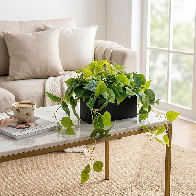 MyGift Vibrant Lifelike Artificial Plant Pothos Leafy Vine Greenery in Black Concrete Rectangular Planter Box