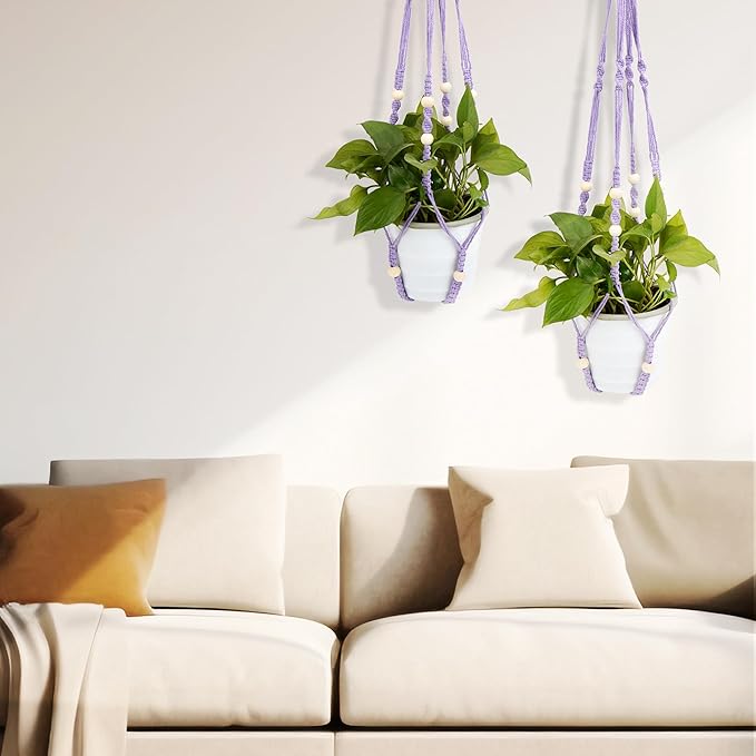 2 Pack Purple Macrame Plant Hangers, 35-Inch Cotton Rope Hanging Planters with Wooden Beads, Handmade Woven Plant Holders for Boho Modern Home Decor, Indoor & Outdoor Use