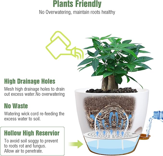UOUZ 12 inch Large Self Watering Pots, Plastic Planters with 60oZ Removable Deep Reservoir and Multi Mesh Drainage Holes for Indoor Outdoor Garden Plants and Flowers, White with Brown