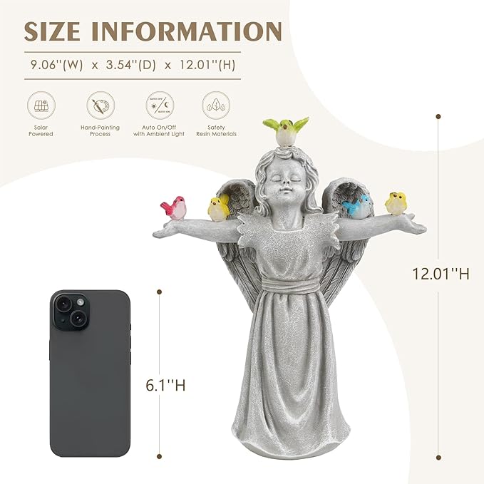 Angel Garden Statue with 5 Birds Solar Lights, Resin Cherub Figurine Outdoor Decor for Garden Porch Yard, Gift for Women, Teacher, Mother, Birthday Housewarming