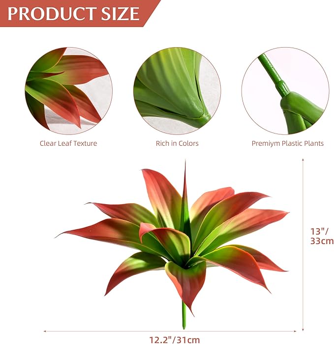 Ttranewsoo Artificial Agave Plants,Large UV Resistant Fake Agave Planters 12" for Indoor and Outdoor Decorating Tropical Plant Succulents Greenery Indoor Decor (2Pack, Red)