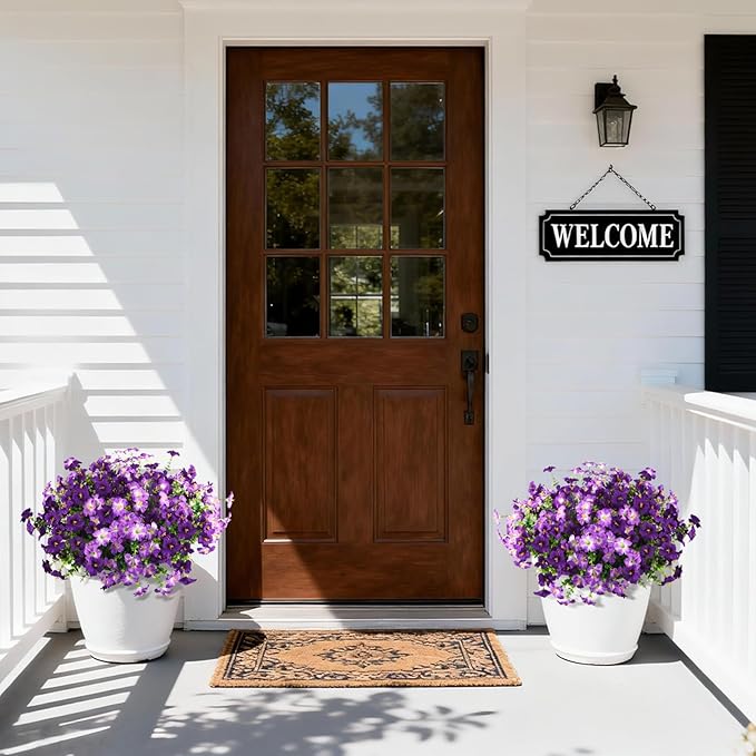 Artificial Flowers for Outdoors Fake Plants Spring Summer Decoration, 12 Bundles Faux Petunias UV Resistant Realistic Silk Flower for Outside Planters Patio Porch Yard Window Box (Double Purple)