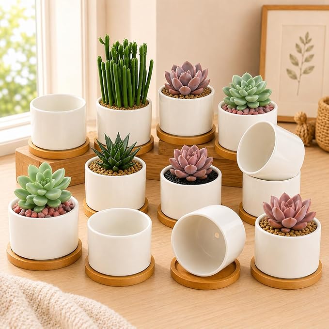 ZOUTOG 12 Pack Ceramic Succulent Pots,3.6 Inch Plant Pots,Succulent Planters with Drainage Hole & Bamboo Tray for Indoor Plants,White Small Flower Planters for Home,Office,Desk