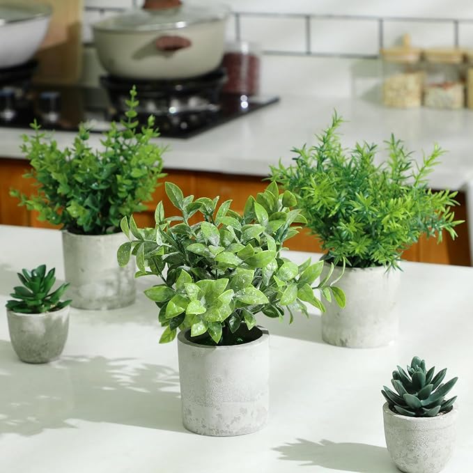 Chunful 6 Pack Small Artificial Greenery Potted Plants Indoor Mini Fake Eucalyptus Rosemary Succulents in Pulp Rustic Farmhouse Table Centerpiece for Shelf Bathroom Bedroom Kitchen Office