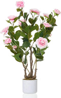 2.5FT Artificial Camellia Tree, Faux Camellia Plant with White Planter and 16 Pink Flowers, 30" Fake Potted Flower Trees for Home and Office Decor, Pink