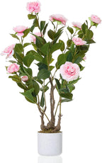 2.5FT Artificial Camellia Tree, Faux Camellia Plant with White Planter and 16 Pink Flowers, 30" Fake Potted Flower Trees for Home and Office Decor, Pink