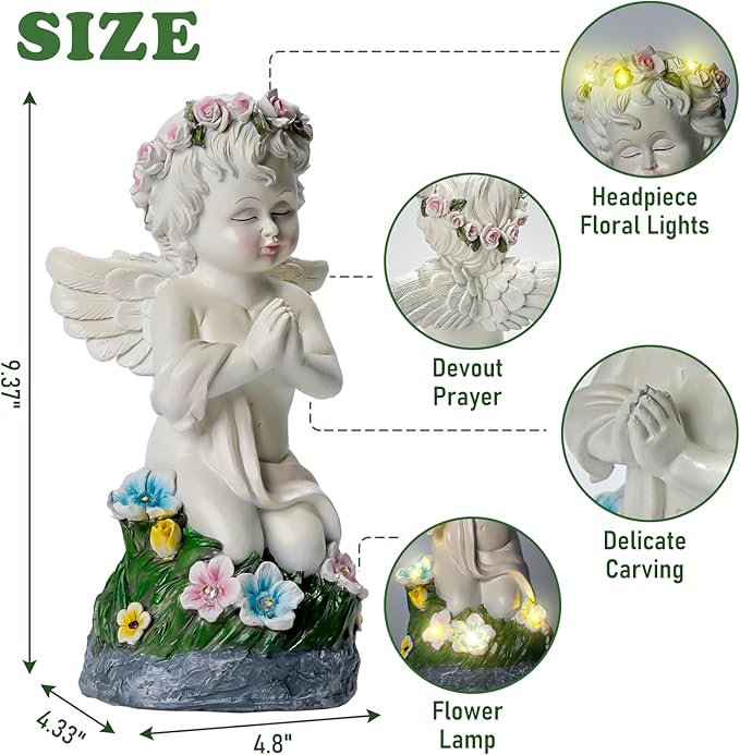 Solar Powered Angel Statue for Garden, Outdoor Spiritual Decorations for Patio Lawn Cemetery, Illuminated Seraphim Figurine with Warm Light, Gift for Women Religious Faith Ornament, Rustproof Resin