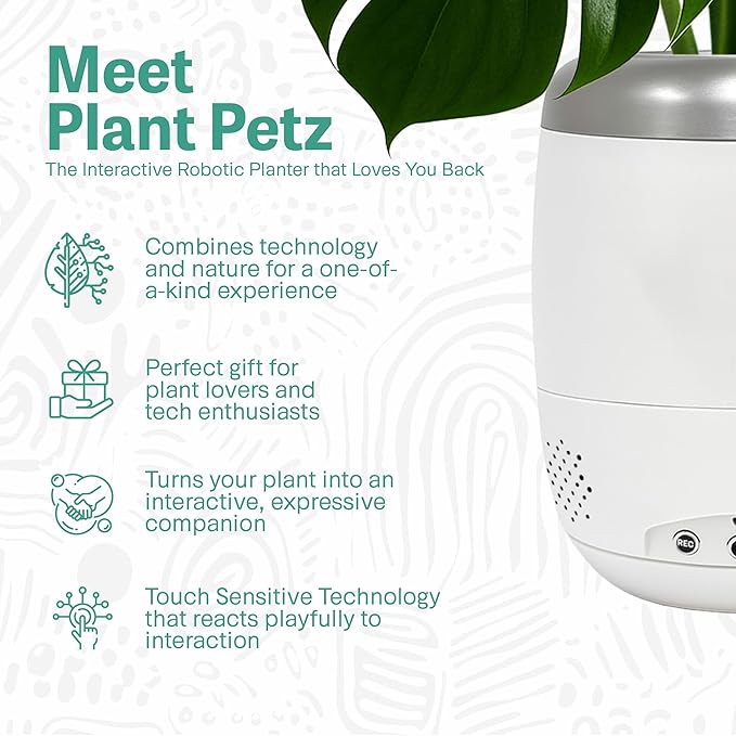 PLANTPETZ Extra Large Robotic Planter – Smart Planter Fits 6 Inch Pots | Bluetooth Speaker | Interactive Smart Plant Pot Turns A Real Plant Into a Touch/Motion Responsive Companion - Pure Ivory White