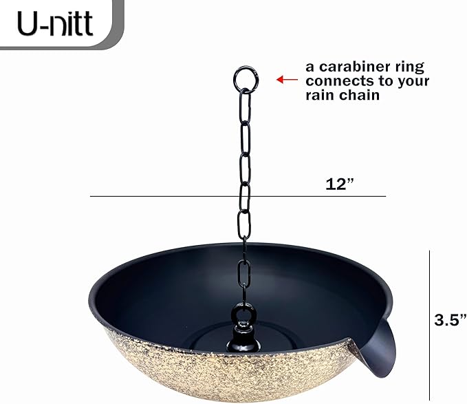 U-nitt 12" Spill Bowl Downspout Catch Basin for Rain Chain Anchoring & Stake | Rainwater Collection for Roof |Gutter Catch Basin | Good for Water Fountain & Birdbath | Black | Handles Heavy Rain
