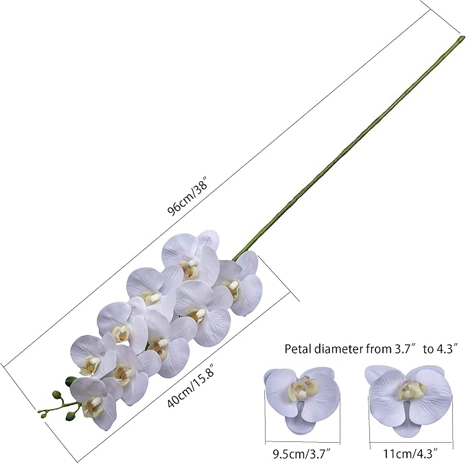 Fnize Orchid Stems Artificial Flowers Real Touch Latex Faux Phalaenopsis Branches 9 Large Blooms 38 Inches 2pcs White