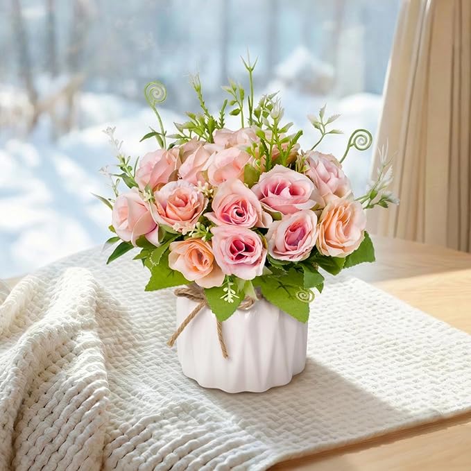 Artificial Flowers Fake Roses and Small CeramicVase,Artificial Plants & Flowers,Desktop Decoration，Suitable for Dining Tables, Living Rooms, bedrooms, Offices, Gifts, Weddings (Pink)
