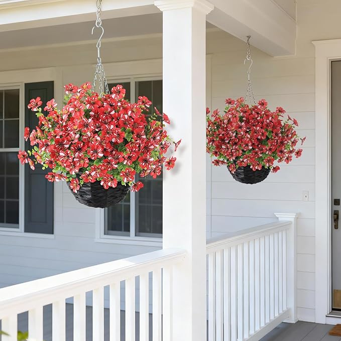 GLIDLION Artificial Flower & Eucalyptus with Hanging Basket - 2PCS Faux UV Sun Resistant Morning Glory in Planter, Fake Colorful Silk Flowers for Spring Summer Porch Patio Balcony Yard Decor (Red)