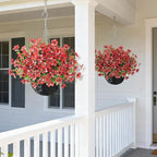GLIDLION Artificial Flower & Eucalyptus with Hanging Basket - 2PCS Faux UV Sun Resistant Morning Glory in Planter, Fake Colorful Silk Flowers for Spring Summer Porch Patio Balcony Yard Decor (Red)